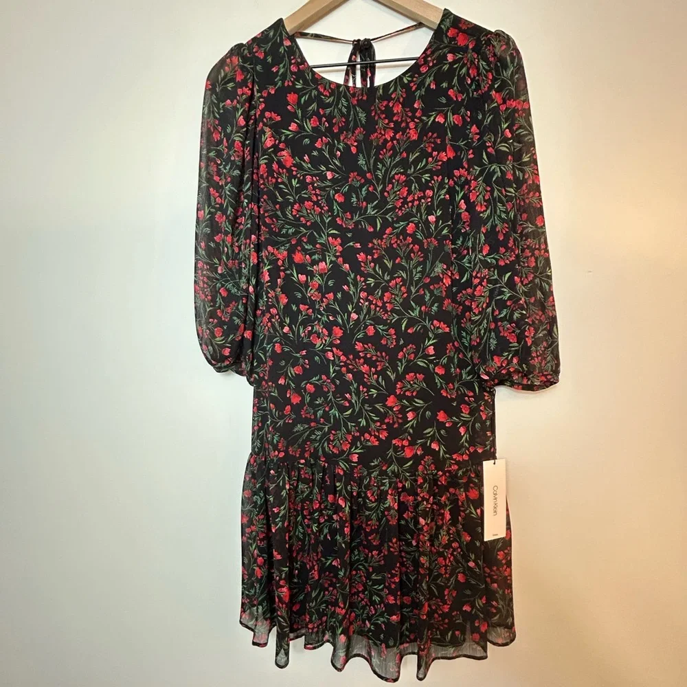 Calvin Klein Women's Sheath 3/4 Sleeve Floral Pleated Dress Size: 8 - Picture 14 of 15